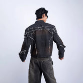 Threebooy Mens Biker Tassel Raw Edge Jacket Autumn Streetwear American Retro Personality Youth Casual Washed Denim Jacket Men'S Clothing